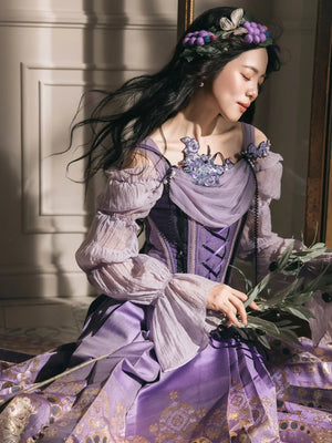 “Violet Nocturne” Brocade Hanfu Ensemble – Gold-Woven Mamian Skirt & Corset - Yandan_Hanfu