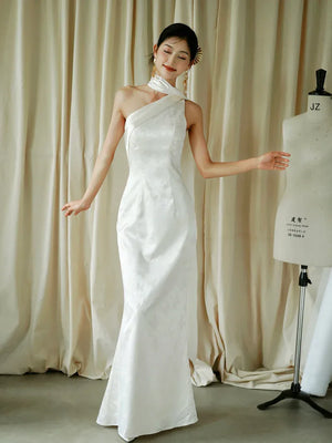 "Pianrou" White Jacquard Ribbon Morning Gown Knot Bridal Toast Dress Engagement Banquet Bar Mitzvah - Yandan_Hanfu