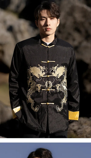 Chinese style dragon pattern embroidery retro Tang suit men's buckle winter cotton-padded jacket - Yandan_Hanfu