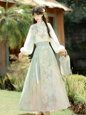 Beauty in the Painting – Autumn Hanfu-Inspired Ensemble | New Chinese Style Top & Dress Set - Yandan_Hanfu