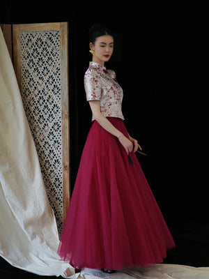 "Mei Xue Gauze Dress Set" Bridal Red Engagement Dress Cheongsam Xiuhe Dress - Yandan_Hanfu