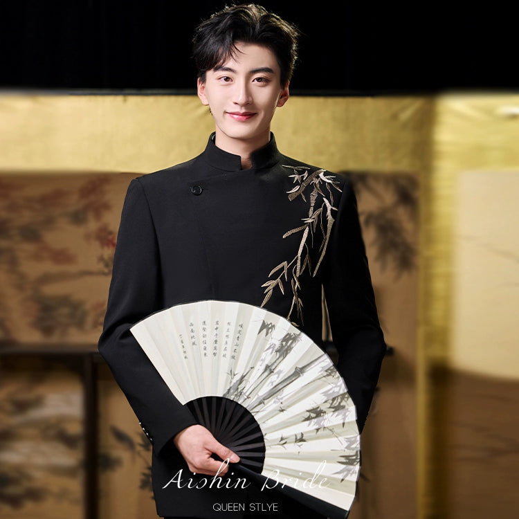 Bamboo Whisper – New Chinese Groom Suit | Zhongshan-Style Wedding Set for Engagement & Ceremony