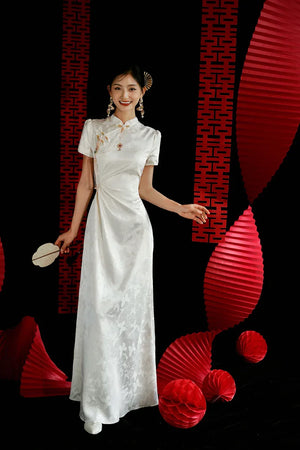"Kite Butterfly" White Jacquard Cheongsam Bridal Toast Dress Engagement Dress - Yandan_Hanfu