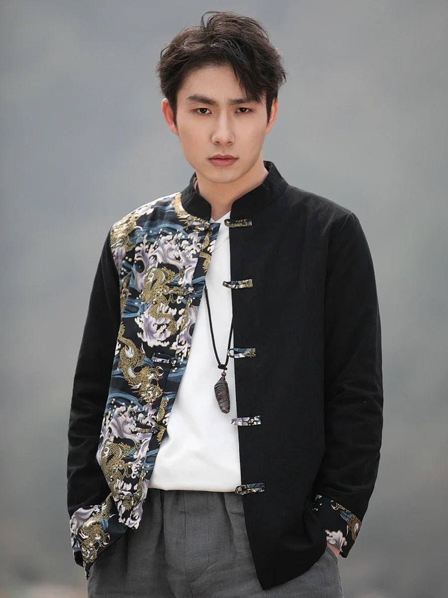 New Chinese style disc button top contrasting coat printing Tang suit men - Yandan_Hanfu