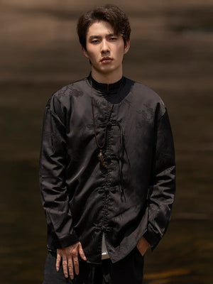 Bamboo leaf print disc buckle Tang suit men's retro Chinese style shirt - Yandan_Hanfu