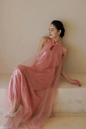 "Bella" pink sequined gauze halter dress bride - Yandan_Hanfu