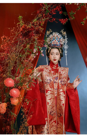 Ming-Dynasty wedding clothes round neck robe men's stand-up collar large-sleeved jacket Xiacheng horse face skirt women's Hanfu - Yandan_Hanfu