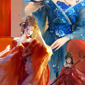 Red Northern and Southern Dynasties inspired dance hanfu costume with layered sheer sleeves