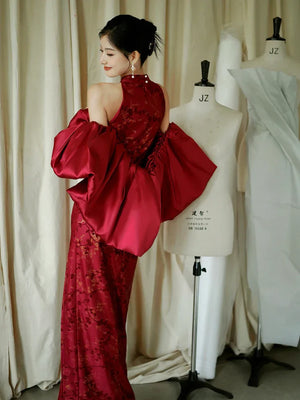 "Jubilee Bell" Red Cheongsam Shawl Bridal Toast Engagement Dress - Yandan_Hanfu
