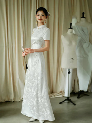 "Kite Butterfly" White Jacquard Cheongsam Bridal Toast Dress Engagement Dress - Yandan_Hanfu