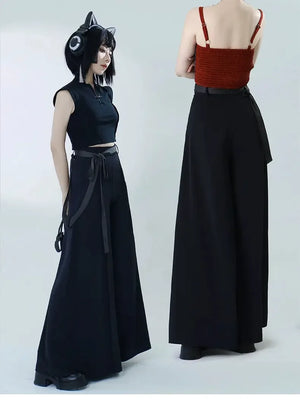 Tied Harmony – Unisex Wide-Leg Pants | New Chinese Style High-Waist Pleated Trousers with Belted Design - Yandan_Hanfu