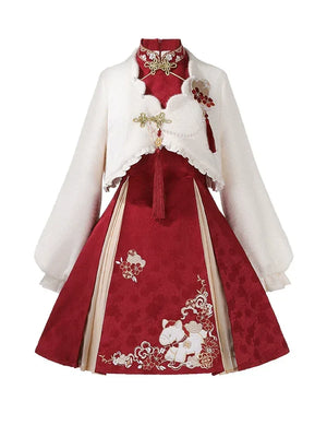 “Lucky Pony” – Red New-Year Hanfu Qipao Set | Modern Chinese Festive Outfit (Autumn/Winter) - Yandan_Hanfu