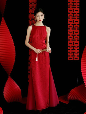 "Happy hairpin" red yarn original improved cheongsam bridal wedding dress toasting dress engagement - Yandan_Hanfu