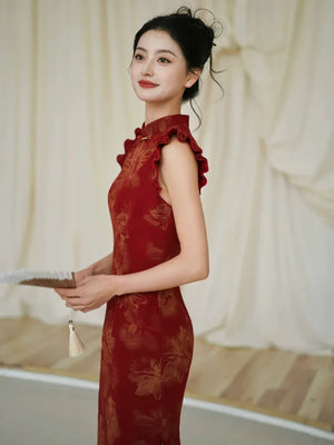 Lotus Step – Red Mermaid Qipao for Wedding, Engagement & Tea Ceremony - Yandan_Hanfu