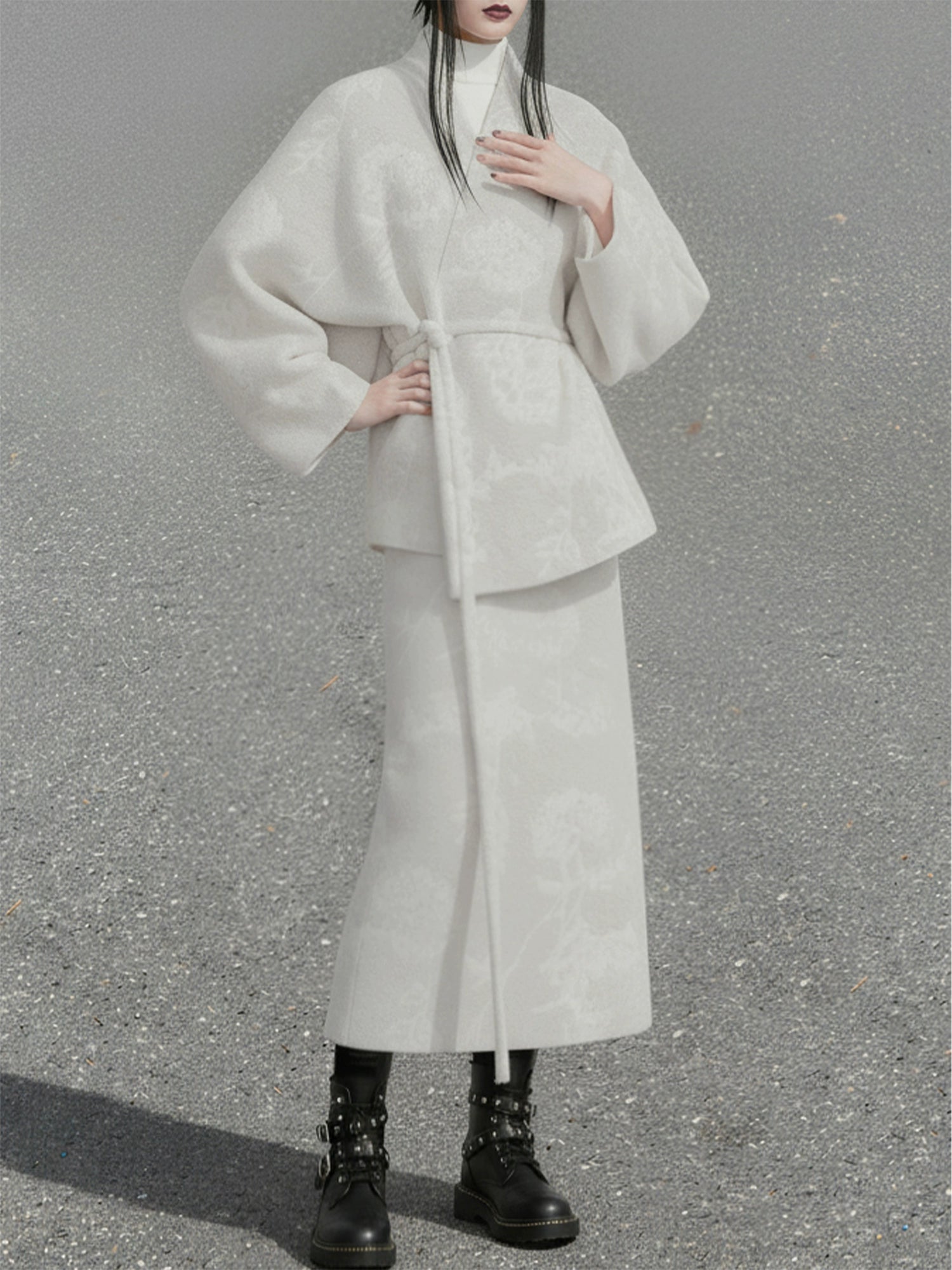 Hydrangea Ivory – Wool Cross-Collar Jacket & Straight Skirt Set | Soft Elegant New Chinese Style Outfit