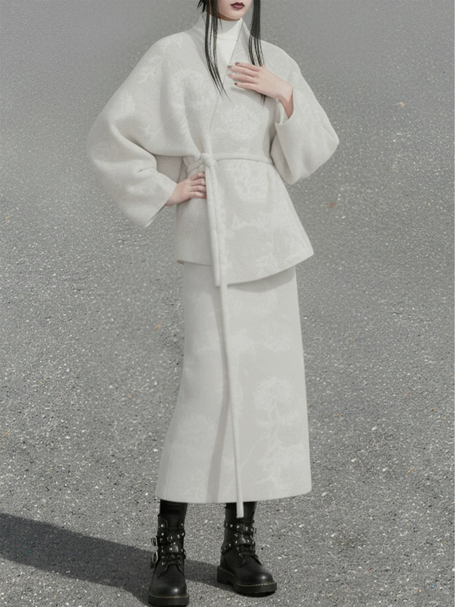 Hydrangea Ivory – Wool Cross-Collar Jacket & Straight Skirt Set | Soft Elegant New Chinese Style Outfit - Yandan_Hanfu