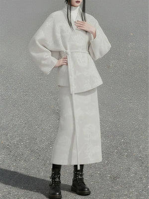 Hydrangea Ivory – Wool Cross-Collar Jacket & Straight Skirt Set | Soft Elegant New Chinese Style Outfit - Yandan_Hanfu