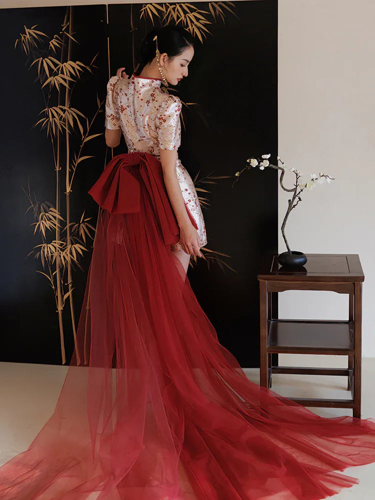 "Little Meixue" Short Bow Cheongsam Bridal Wedding Dress - Yandan_Hanfu