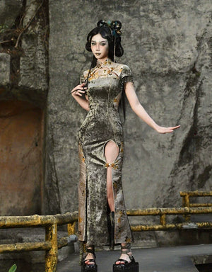 Spring Dragon Festival, Chinese national style disc buckle slim fish tail long slit cheongsam dress - Yandan_Hanfu