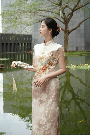 Golden Tang Ode – Luxury Modern Cheongsam | Artisanal Brocade & Couture Detailing - Yandan_Hanfu