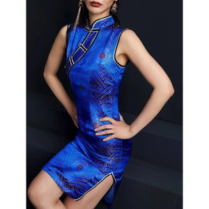 Jacquard button retro royal blue short cheongsam sleeveless skirt - Yandan_Hanfu