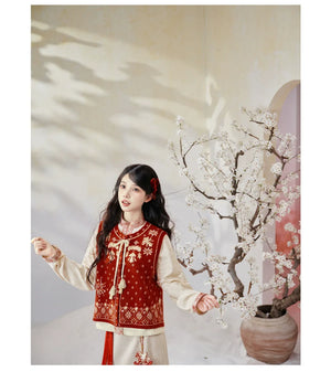Sui’an – Winter Knit Set | Hanfu-Inspired Bijia Vest with Bow-Sleeve Top and Flowy Skirt - Yandan_Hanfu