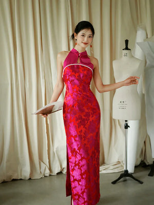 "Chuni" dragon fruit color jacquard cheongsam bride - Yandan_Hanfu