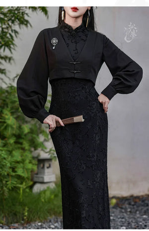 Silent Fragrance – Velvet Beaded Sleeveless Floor-Length Qipao with New Chinese Style Blazer - Yandan_Hanfu