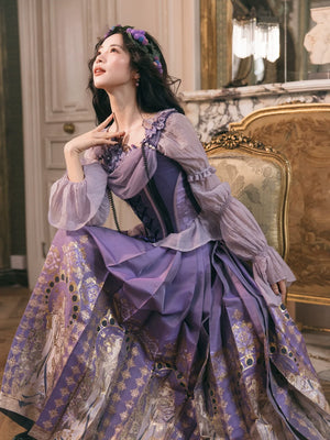 “Violet Nocturne” Brocade Hanfu Ensemble – Gold-Woven Mamian Skirt & Corset - Yandan_Hanfu