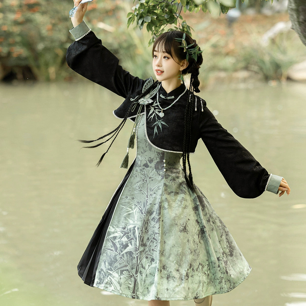 Tobacco bamboo Chinese style Mori girl Han element green lolita cheongsam