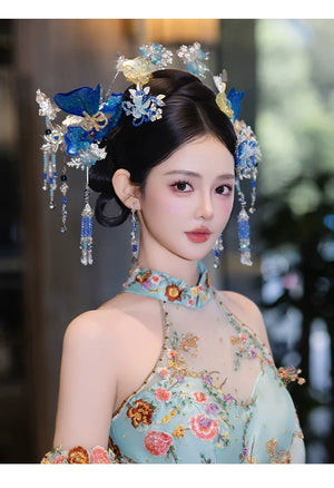 Blue Floral Chinese Bridal Hairpin Set – Elegant Hanfu & Qipao Headpiece for Wedding - Yandan_Hanfu