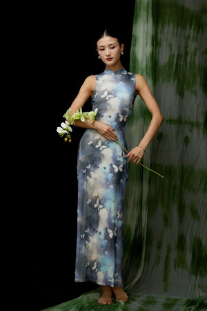 Elegant Modern Chinese-Style Blue Qipao Dress – Vintage-Inspired Long Cheongsam - Yandan_Hanfu