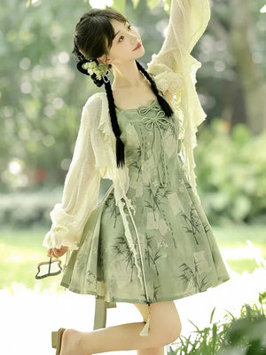 【Whisper of Bamboo】 Sweet Hanfu-Inspired Dress – Modern Chinese Style with Camisole Design - Yandan_Hanfu