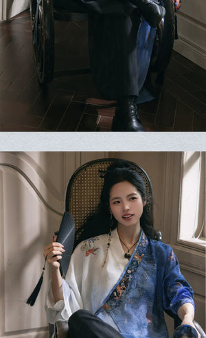 Yulong Dance – Modern Hanfu Set | Embroidered Cross-Collar Dao Robe with Loose Pants (Spring & Autumn) - Yandan_Hanfu