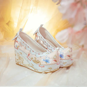 Blue Hanfu Embroidered Shoes – Women's Tang-Style Cloud-Toe Flats with 10cm Lift for Spring & Autumn - Yandan_Hanfu