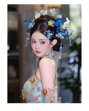 Blue Floral Chinese Bridal Hairpin Set – Elegant Hanfu & Qipao Headpiece for Wedding - Yandan_Hanfu