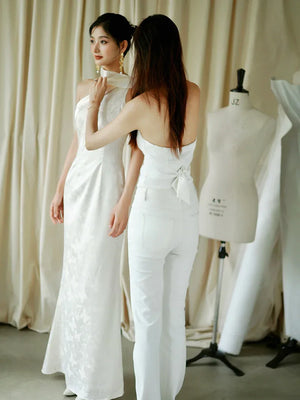 "Pianrou" White Jacquard Ribbon Morning Gown Knot Bridal Toast Dress Engagement Banquet Bar Mitzvah - Yandan_Hanfu