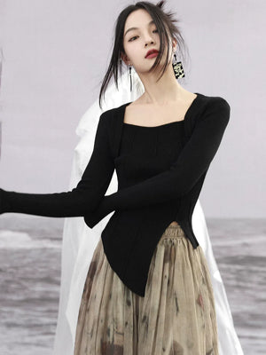 New Chinese style | suit women's early spring sweater fake two piece knitted black & red top - Yandan_Hanfu