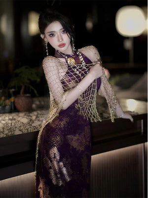 Improved cheongsam women's jacquard purple sexy dress - Yandan_Hanfu