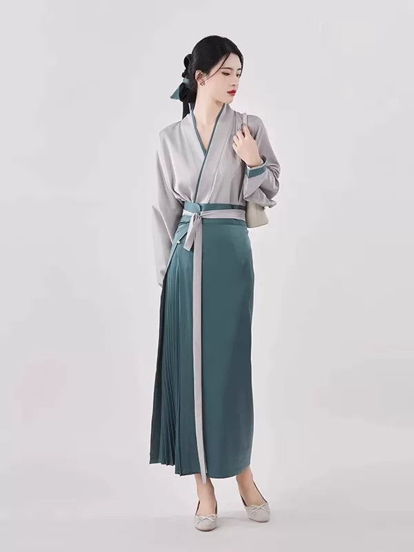 Modern Hanfu Set | Grey Cross-Collar Lantern Sleeve Top & Teal High Waist Midi Skirt