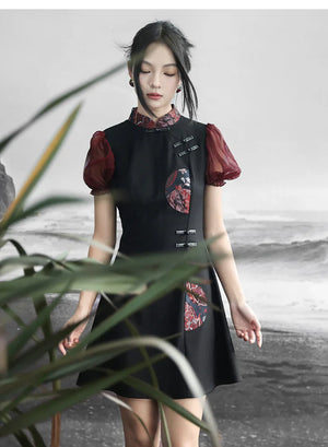 New Chinese style retro sweet and cool bubble sleeve jacquard contrasting color splicing skirt - Yandan_Hanfu