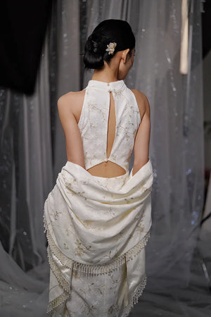 "Qianzhi" white embroidered shawl showing thin backless cheongsam bride wedding dress toast engagement - Yandan_Hanfu