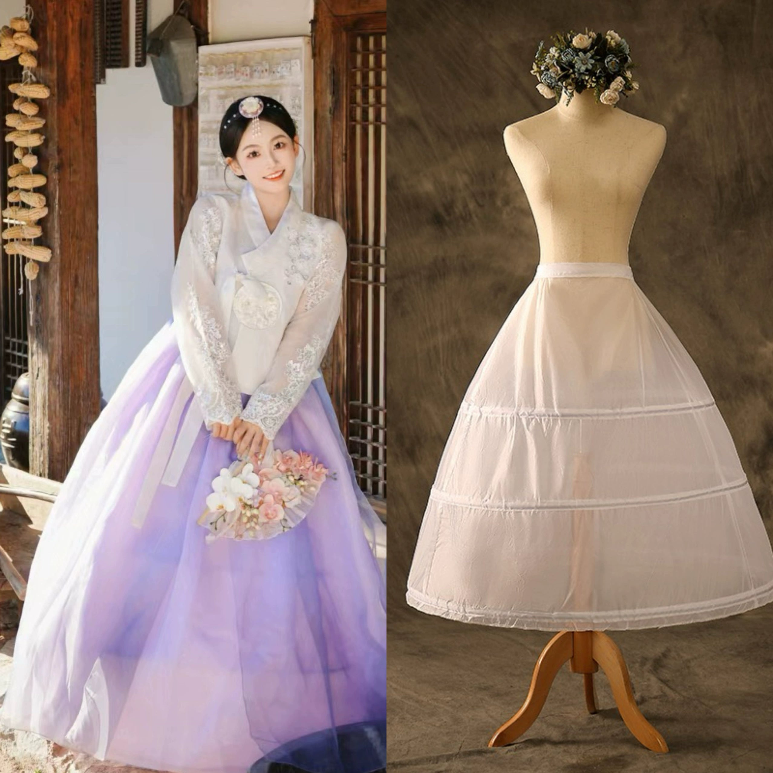 Accessory set for white purple Korean female high-end genuine Yanji court hanbok including petticoat, norigae ribbon, and floral headband.