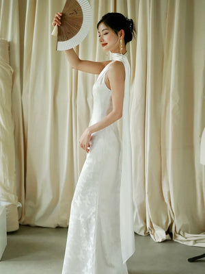 "Pianrou" White Jacquard Ribbon Morning Gown Knot Bridal Toast Dress Engagement Banquet Bar Mitzvah - Yandan_Hanfu