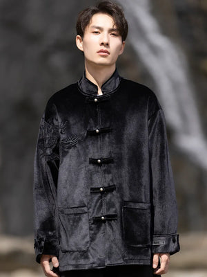New Chinese Tang style men's button top autumn and winter coat golden velvet - Yandan_Hanfu