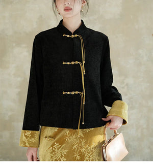 Velvet Elegance – Modern Chinese Women's Set | Black Embossed Tang-Style Jacket with Gold Skirt - Yandan_Hanfu