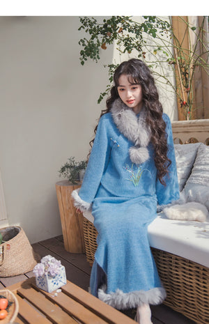 Blue Orchid Modern Qipao Tow piece Set – Winter Chinese Style Outfit - Yandan_Hanfu