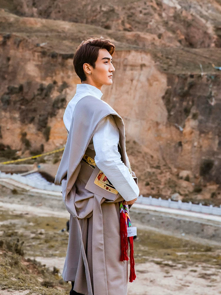 Light Grey Gold Card Tibetan Robe | Men's Traditional Chuba Jacket