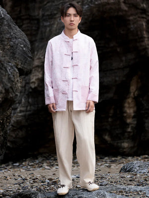 New Chinese style jacquard disc button top men's Tang suit【Pink&White】 - Yandan_Hanfu