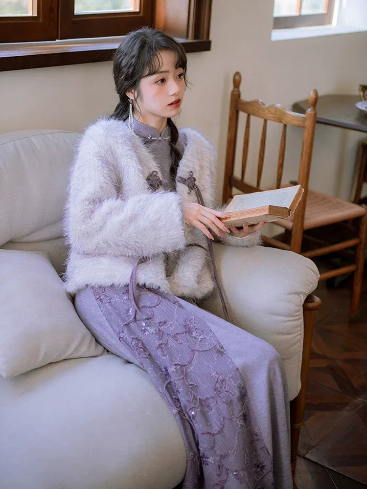 ''Falling Grace" Lace Qipao Cheongsam Dress & Faux Fur Jacket – Winter Collection - Yandan_Hanfu